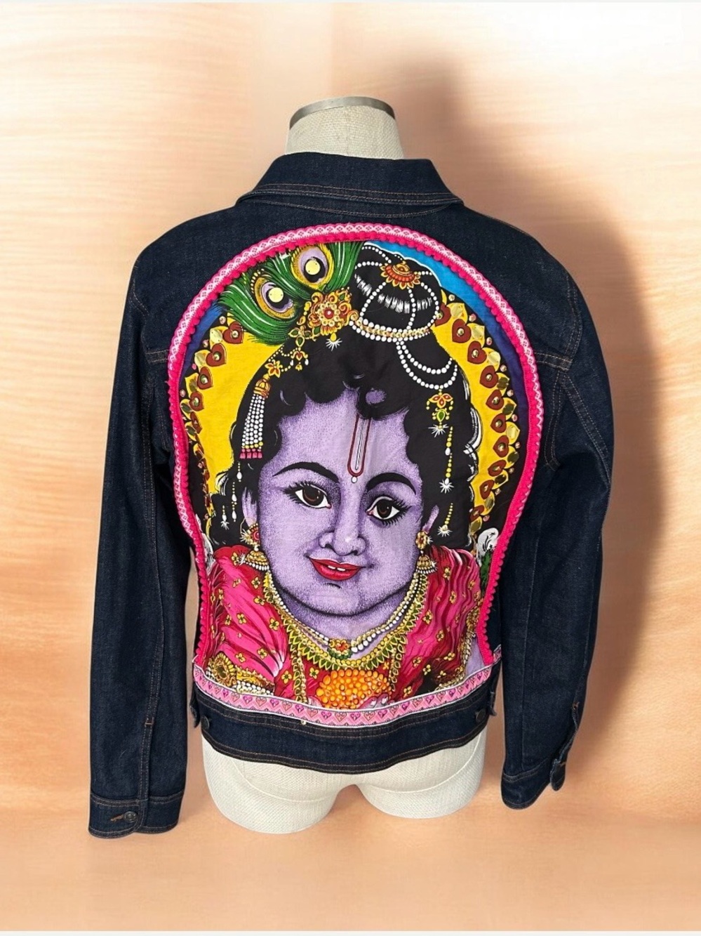 Custom Baby Krishna Denim Jacket Dark Wash Trucker Festival Art Wear Upcycled